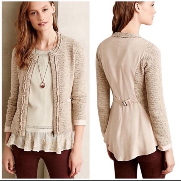 Angel of the North Anthropologie Envalira Knit Cream Zip Wool Stretch Blazer - Picture 1 of 8